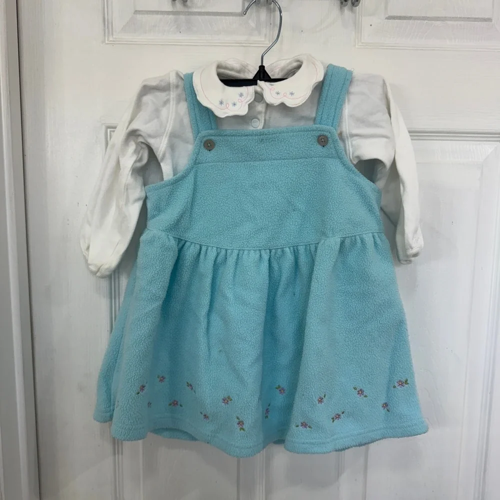 Vintage OshKosh‎ B'Gosh Overall Dress Floral Baby Blue Ruffle Top Long Sleeve